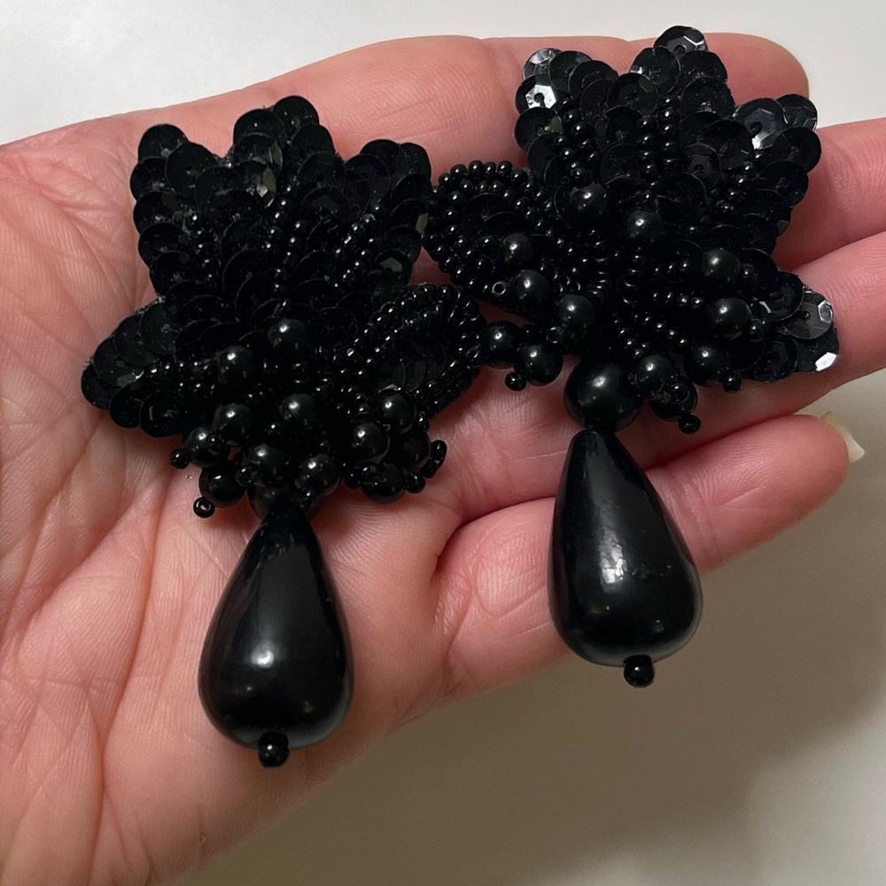 Handmade Black Sequin & Beaded Floral Earrings - Picture 2 of 2